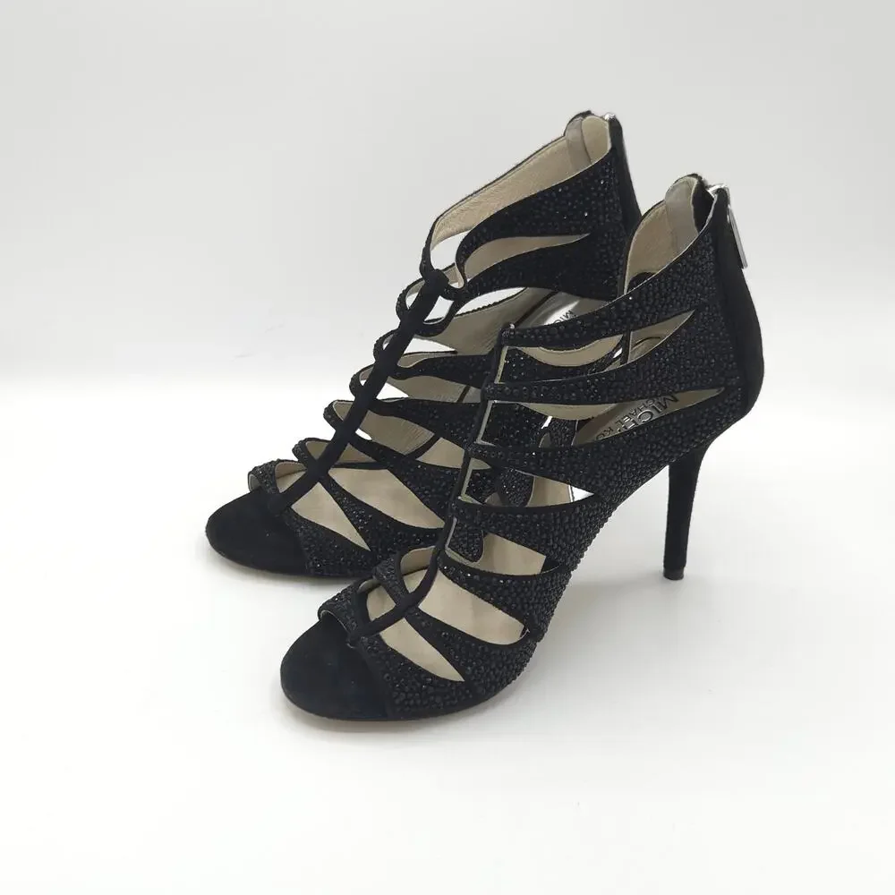 MICHAEL KORS Women's Caged Sparkle Heels Black Tan  Zip Up Stiletto Size 6